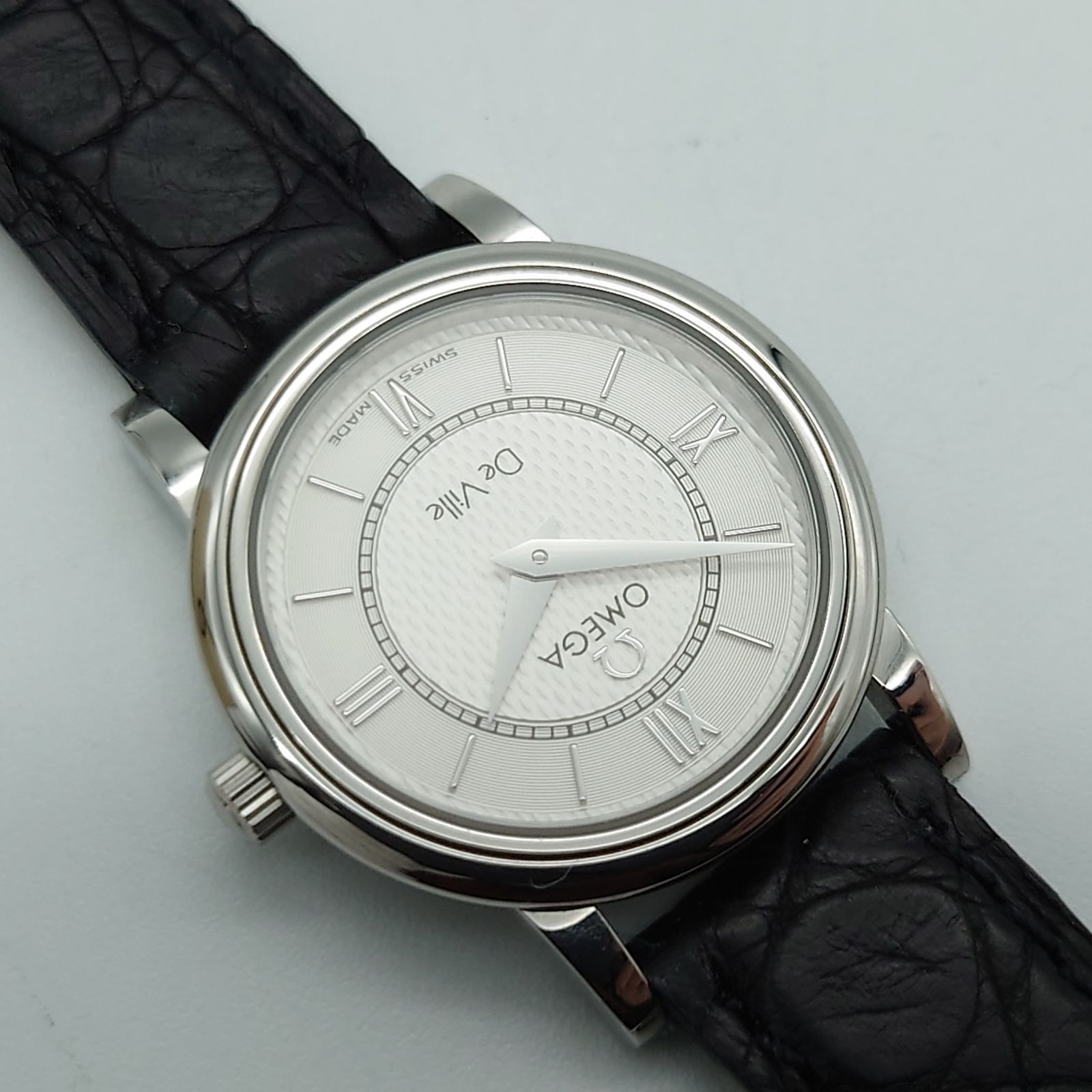 オメガ デビル プレステージ シルバー 革ベルト ブラック クオーツ