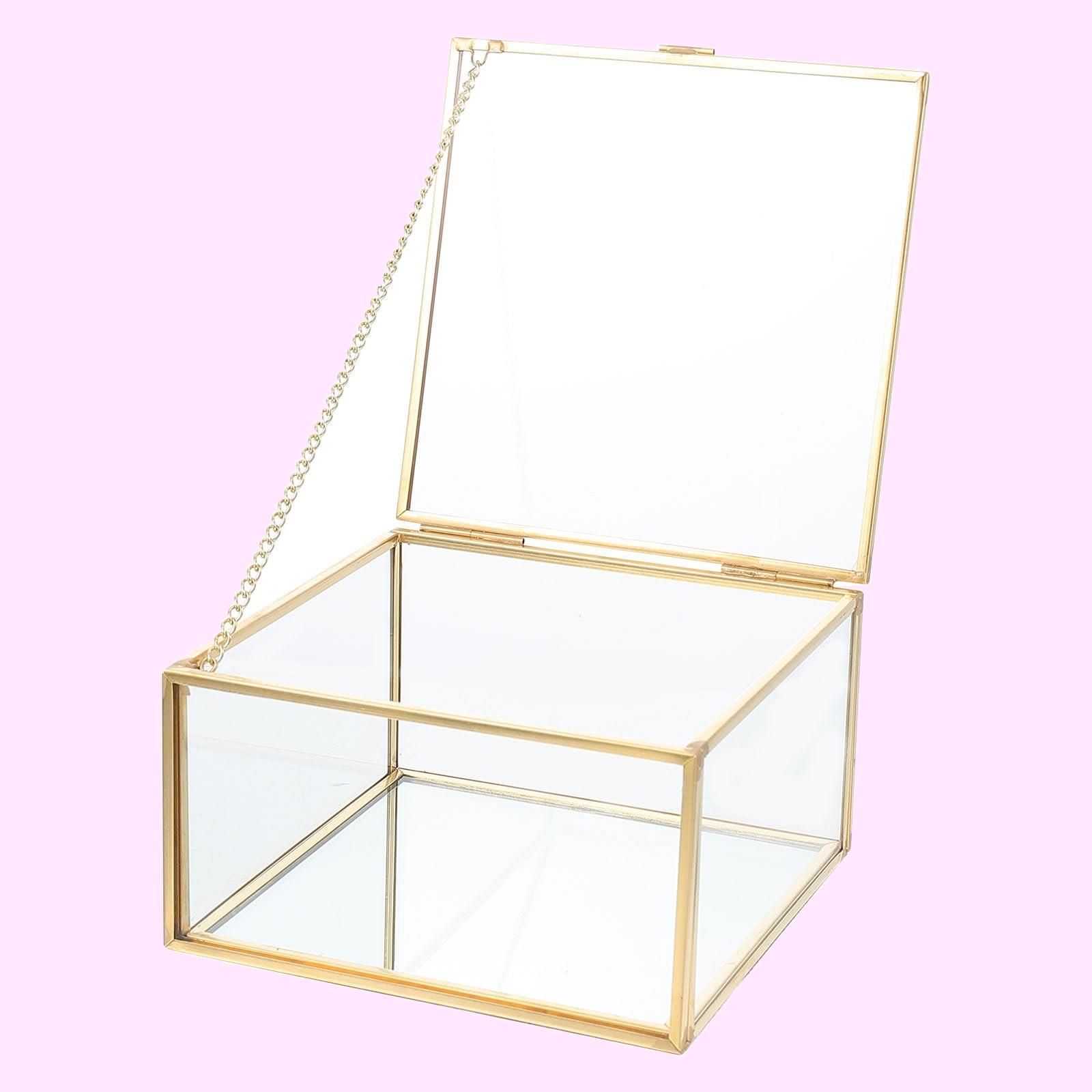 Color:ゴールデン_Size:13.5x13.5x8.5cm DECHOUS ジュエリーケース ジュエス ジュエリー入れ ガラス 蓋付き 防塵 小物入れ ジュエリー収納ボックス アクセサリーケース