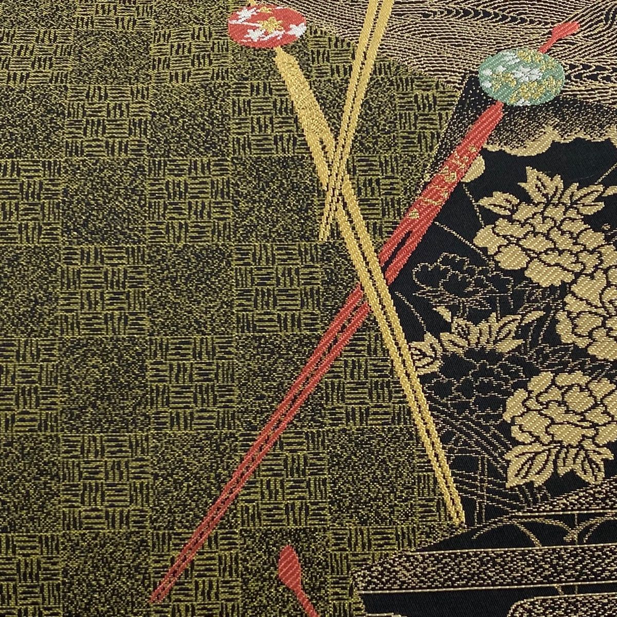 袋帯 秀品 簪 牡丹 金糸 鶯色 六通 正絹