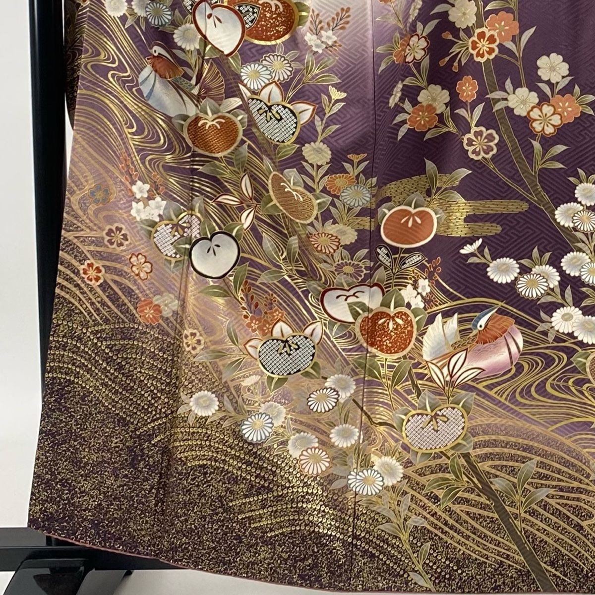 振袖 身丈161cm 裄丈66cm M 袷 橘 鴛鴦 金彩 ぼかし 紫 正絹 秀品