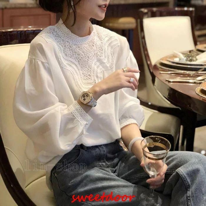 ブラウス チュニック レディース 長袖 ハイネック トップス 白シャツ レース シャツブラウス バルーン袖 カットソー インナー お洒落 可愛い カジュアル フォー
