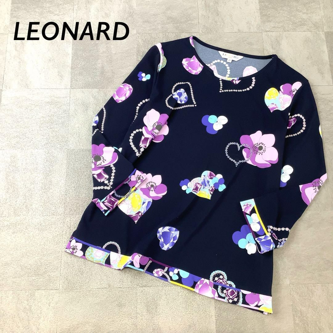 LEONARD SPORT 花柄 カットソー 七分袖 ネイビー