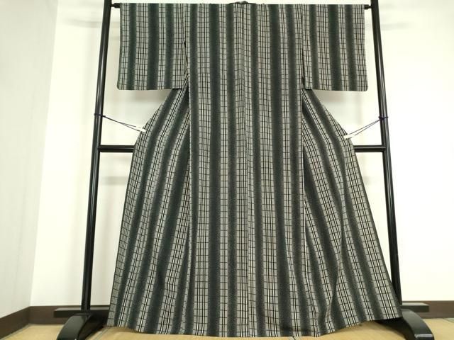 平和屋着物 小紋 単衣 格子間道 黒地 洗える着物 DAAV5738az