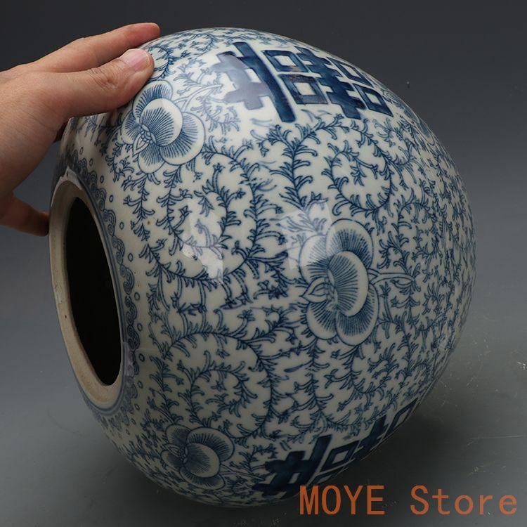 青花喜字尖蓋壺 西瓜壺 茶壺 景徳鎮 陶磁器 装飾品 現代工芸品 美術品