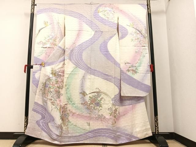 豪華振袖　花鳥文　ブルー系　逸品 格安モード 黒/ブルー(青)/金 薔薇柄 派手 豪華 ギャル クール系