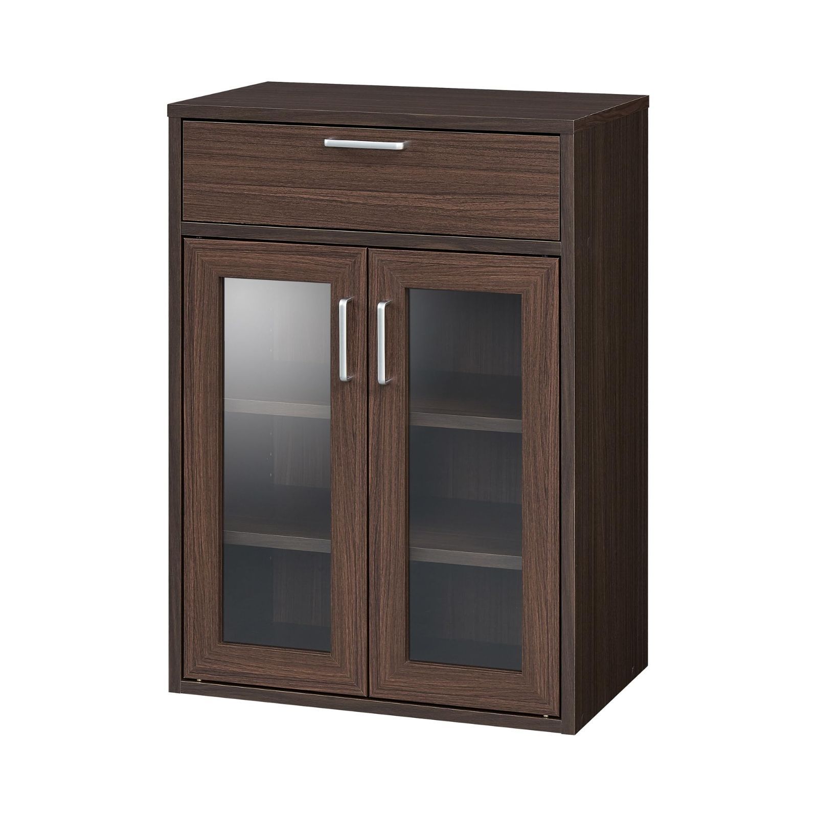 在庫セール 食器棚 カップボード キッチン収納 ガラスキャビネット 同シリーズで組み合わせ自由自在 一人暮らしの部屋や狭いスペースにぴったりサイズ 白井産業 Shirai ダークブラウン木目柄 ベーシックデザイン 幅56.6×奥行35.5×高さ80cm F