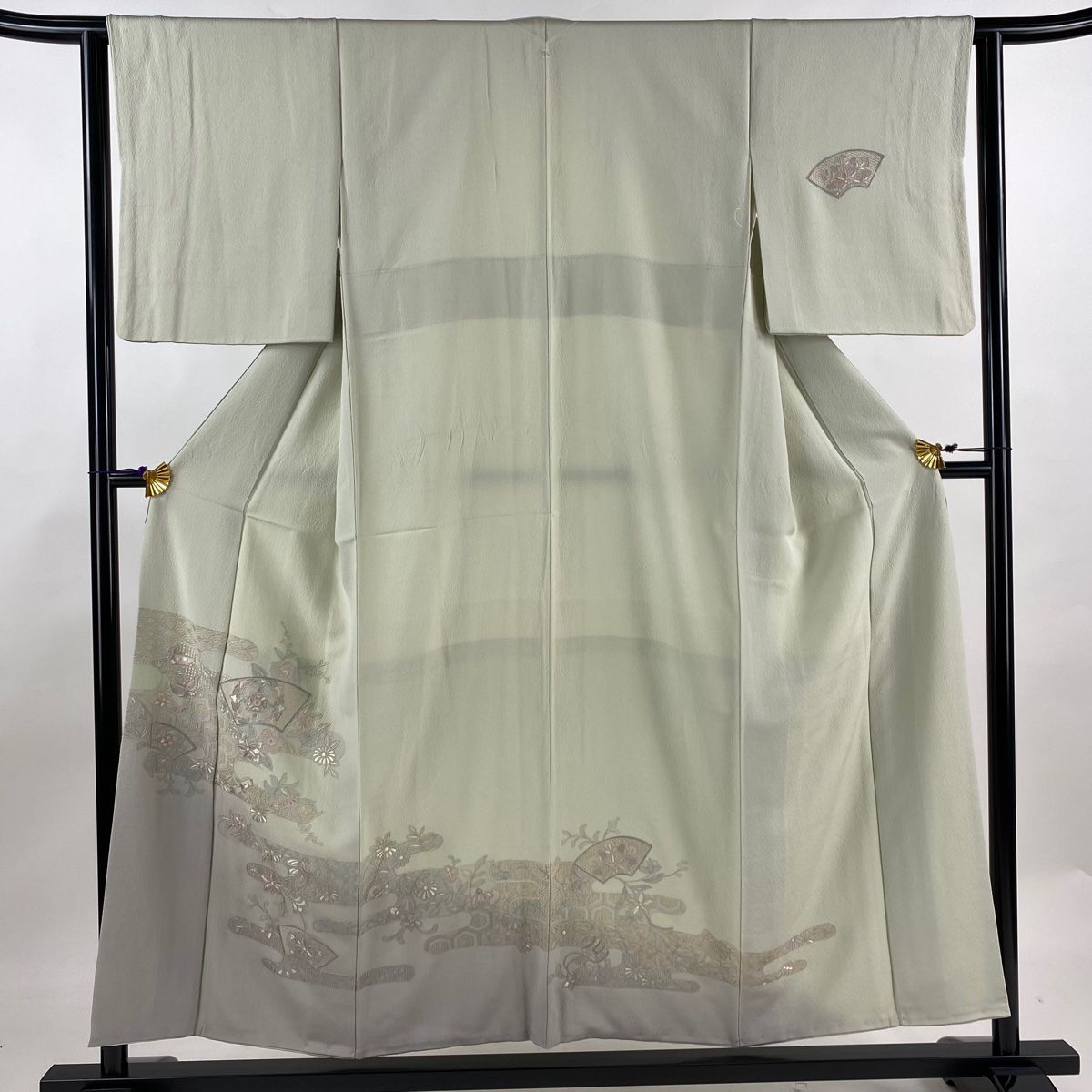 訪問着 身丈153.5cm 裄丈62.5cm S 袷 草花 ヱ霞 刺繍 ぼかし 薄緑 正絹 秀品 一つ紋