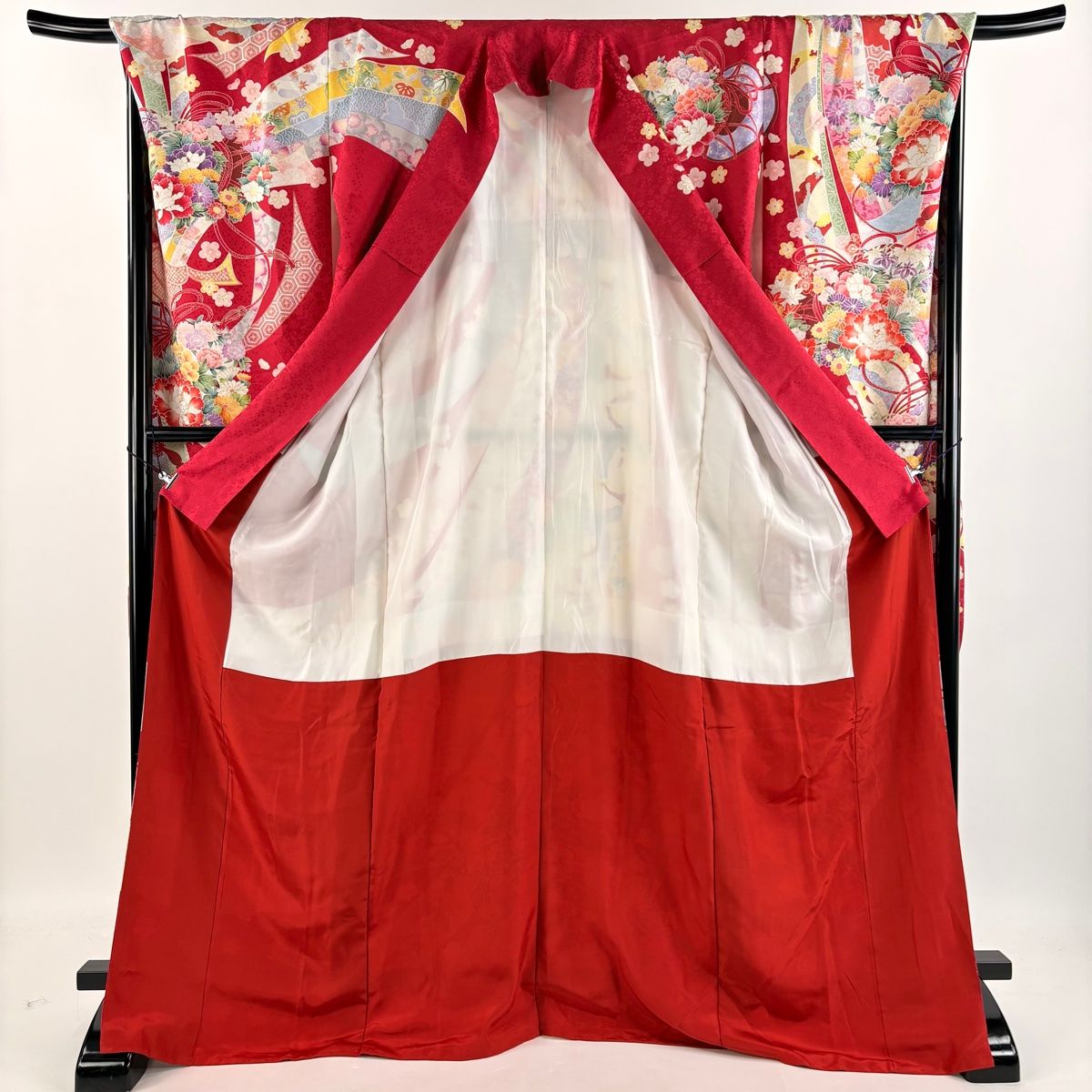 振袖 身長163-178cm 赤×金　正絹 振袖 身丈165cm 裄丈69cm L 袷 草花 金通し 箔 赤 正絹 美品