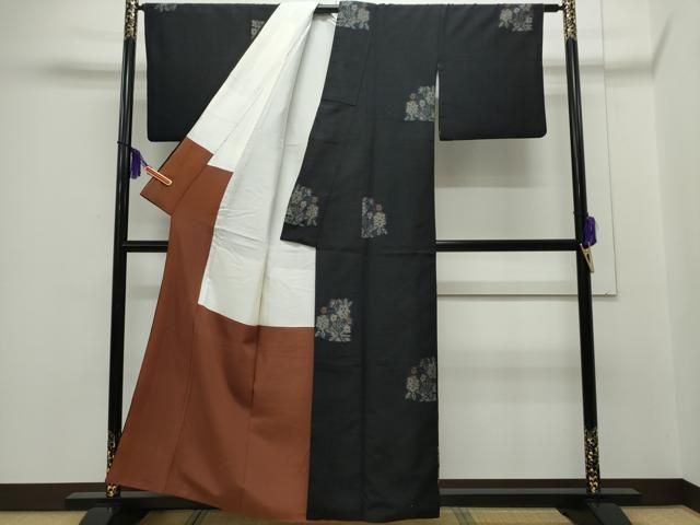 平和屋着物□上質な紬 破れ色紙花文 黒地 正絹 逸品 CAAO4162ng 楽天