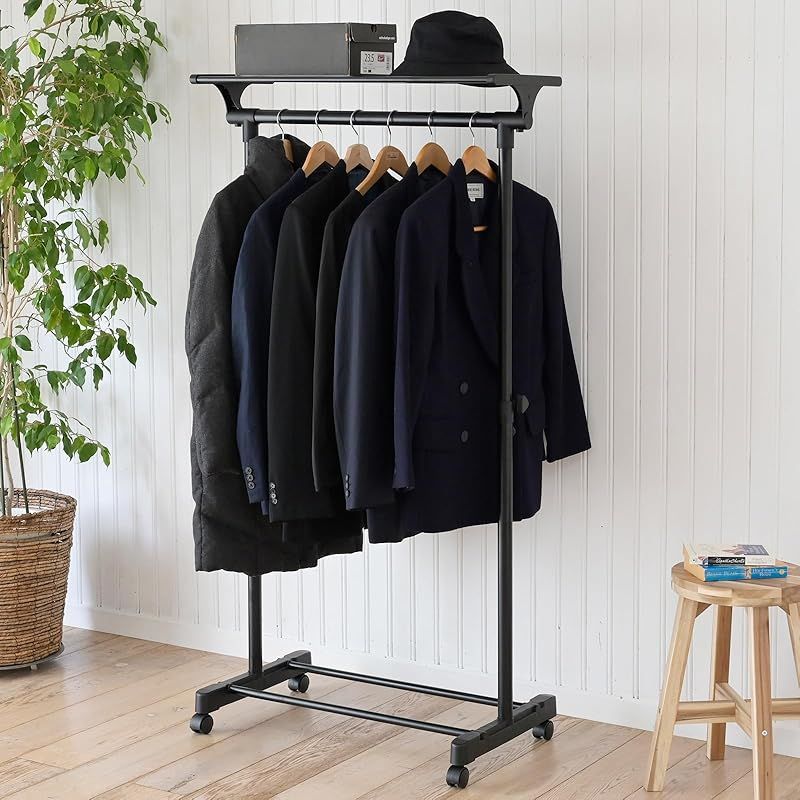 [山善] ハンガーラック キャスター付き 幅75×奥行43×高さ95.5-158.5cm (上棚付き/高さ調節可能/シングル) 組立品 オールブラック MKS-SNT(ABK) 1