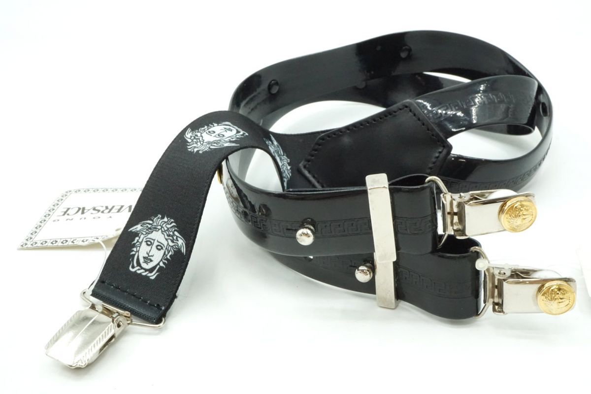 ヤング ヴェルサーチェ ヴィンテージ M キッズ サスペンダー メデューサ グルカ PVC 黒 ブラック YOUNG VERSACE 6697k