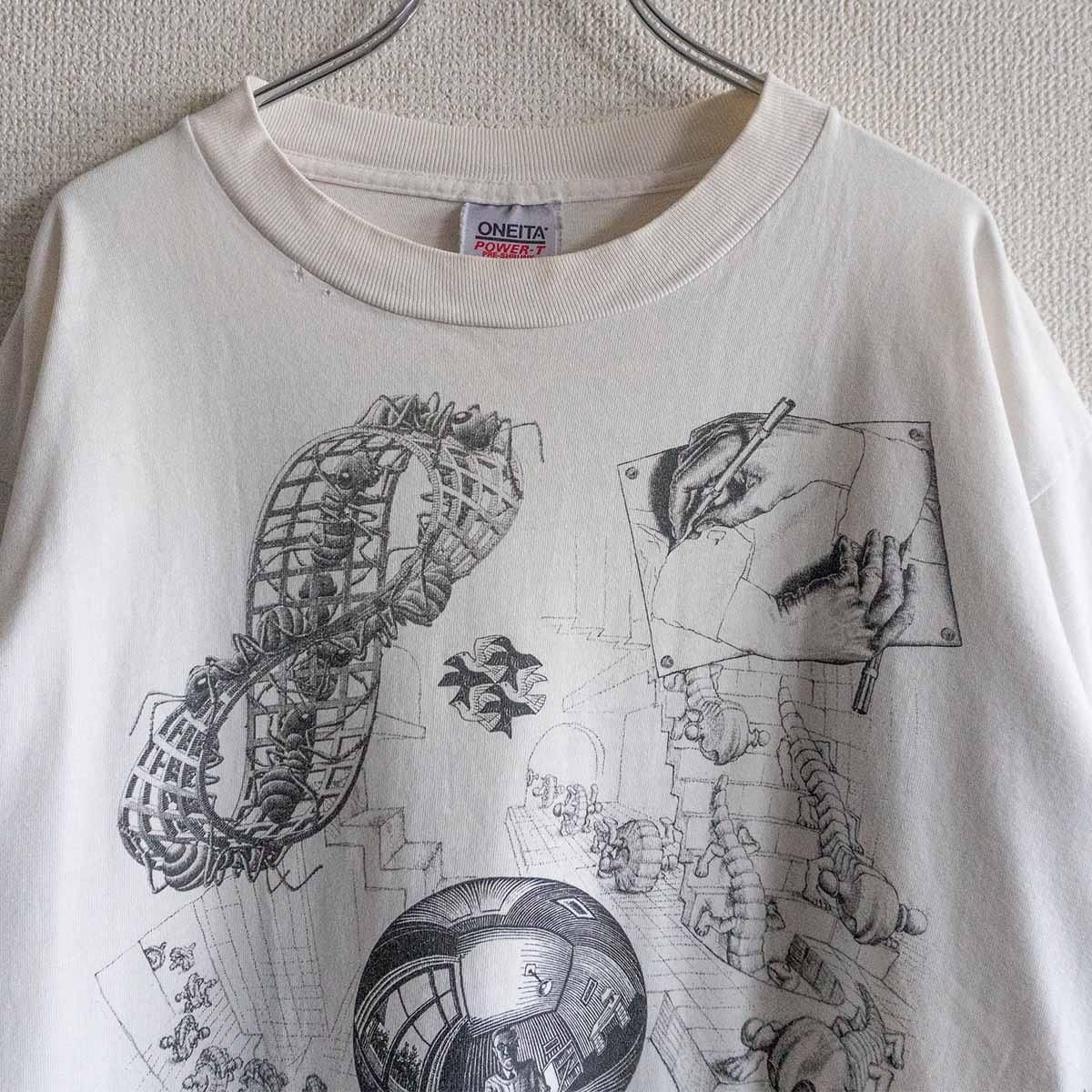 90s/USA製】 【M.C.ESCHER. 騙し絵 マルチプリント Tシャツ】 XL