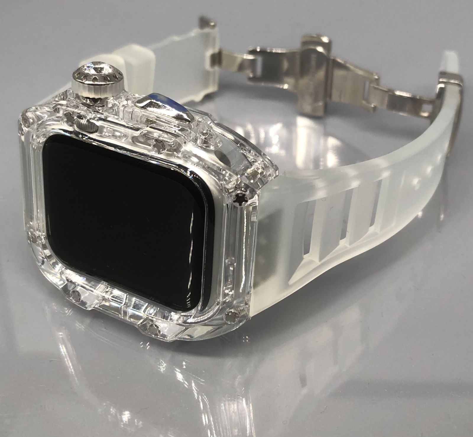 GimelZayin zc シルバー クリア★アップルウォッチ ラバーベルト カバー クリア ケース 44mm 45mm 4 5 6 7 8 9 se スポーツ メンズ レディース Apple Watch バンド