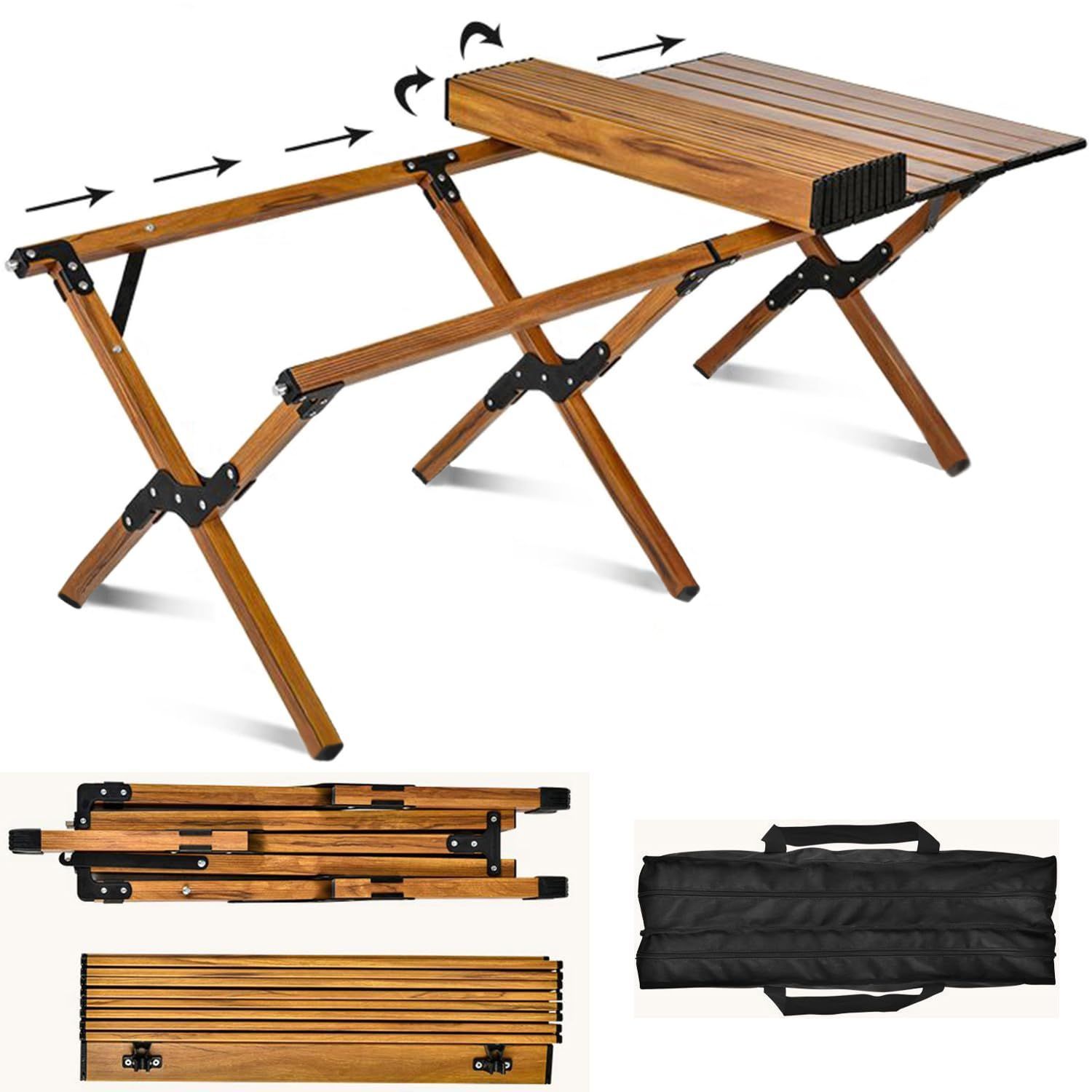 VicBre ピクニック 折りたたみ テーブル ロールテーブル アウトドア 簡単組立 収納ケース付 コンパクト アルミニウム合金 キャンプ テーブル 軽量 ロールトップ (木の色, 120cm*60cm*40cm) ピクニック 折りたたみ テーブル ロールテーブル VicBre アウトドア