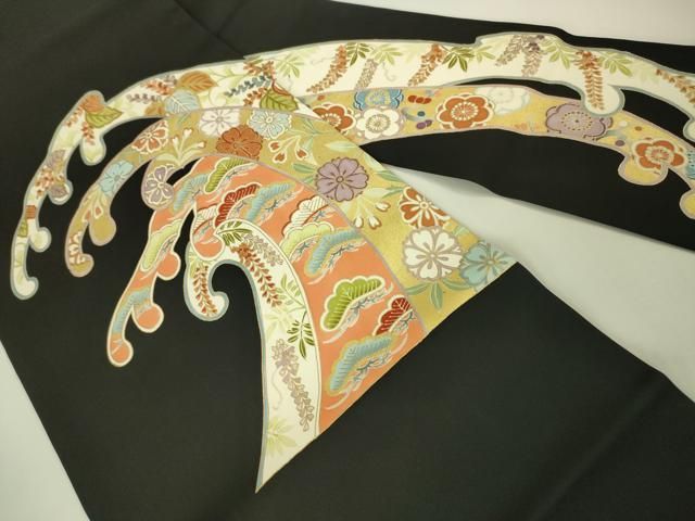 平和屋本店□極上 銀座新松 塩瀬 九寸名古屋帯 立波吉祥花文 黒地 金彩  