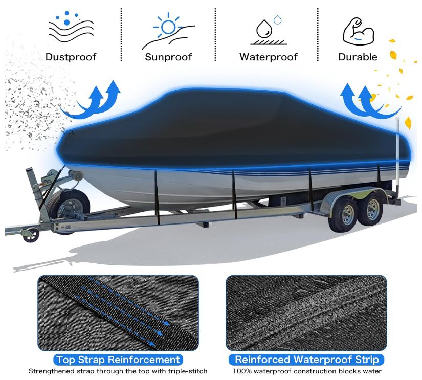 防水 1200 D PU ボートカバー モーターカバー付き 高耐久 マリングレード トレーラー ポリエステルキャンバス 14 16フィート Vハル ランナバウト 釣り スキーボートに対応 ストラップ付き ブラック