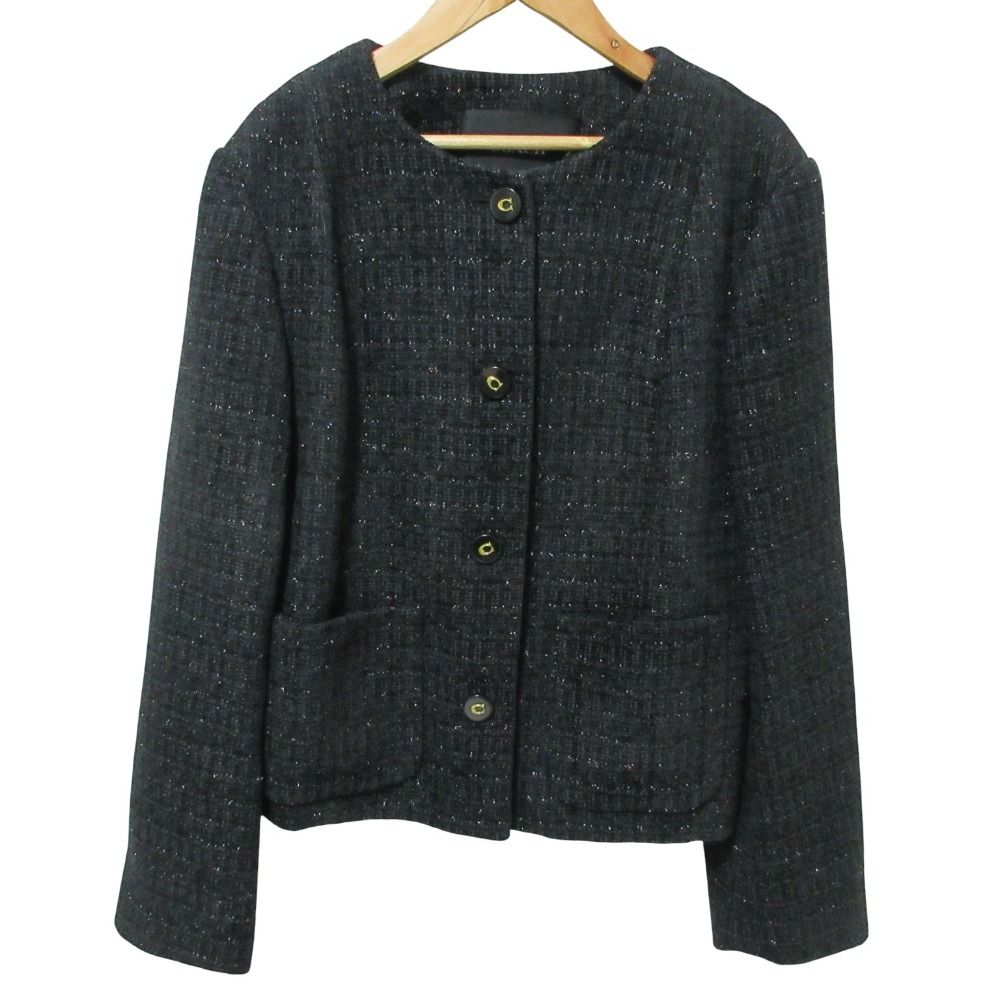 COACH - 美品 COACH コーチ ツイード ノーカラー ジャケット CO841 M ブラック レディース 古着 中古 USED 美品 COACH コーチ ツイード ノーカラー ジャケット CO841 M ブラック