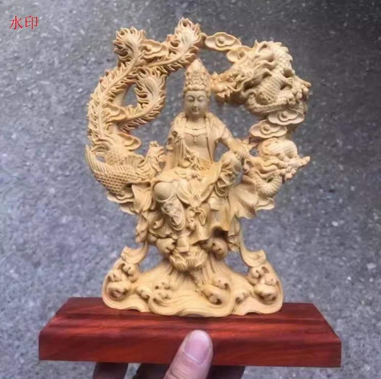 【修縁堂】仏像 龍鳳観音菩薩座像 観音菩薩 木彫り細密彫刻 仏教美術品 供養品 仏教美術 観音菩薩 縁起物 木彫彫刻 龍鳳呈祥観音 仏像 置物