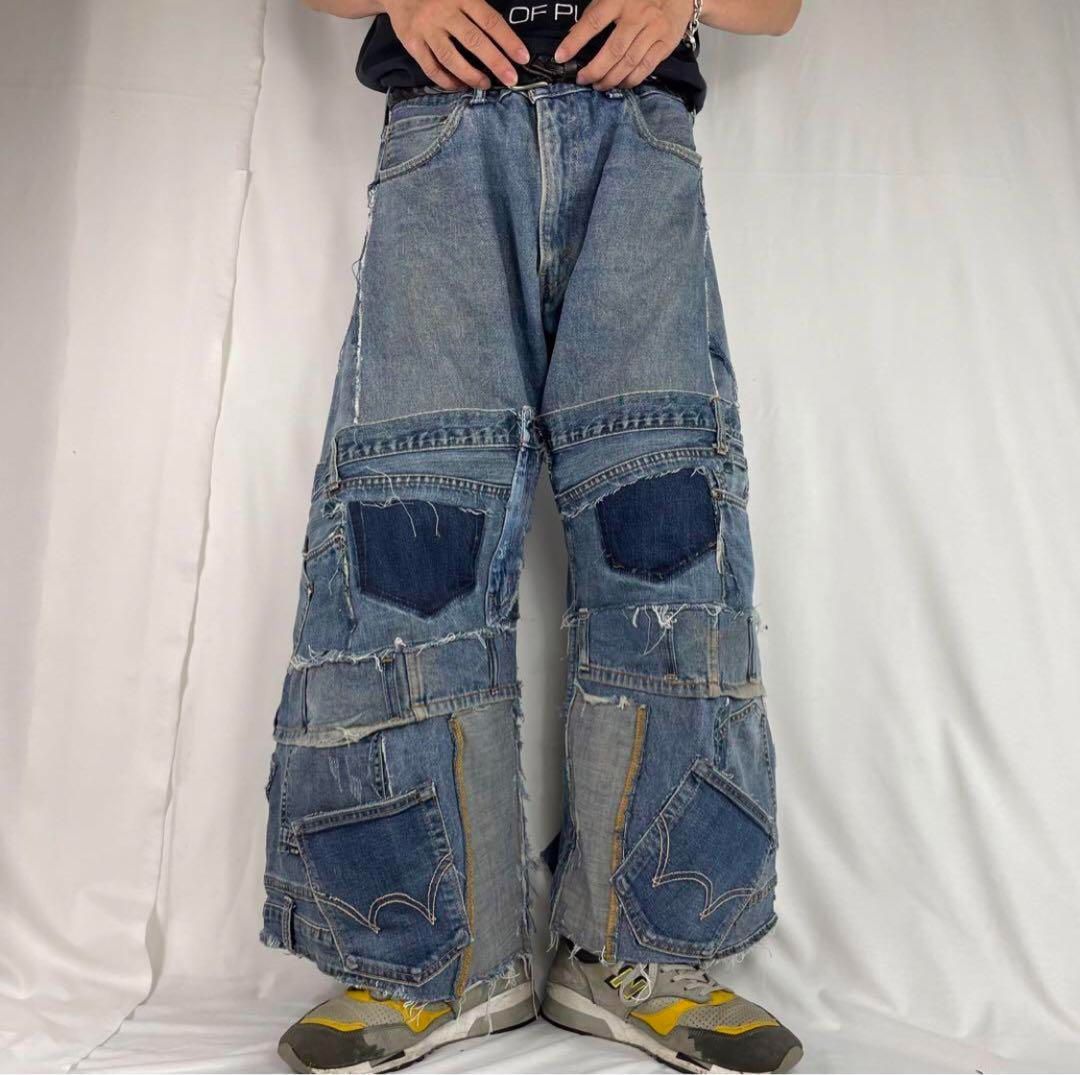 贅沢品 再構築 R15【リメイク】デニムフレアパンツ 袴パンツ パッチ y2k パンツ