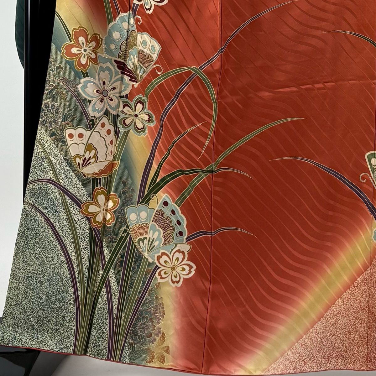 振袖 身丈161cm 裄丈67.5cm L 袷 落款 蝶 桜 金彩 赤茶 正絹 秀品