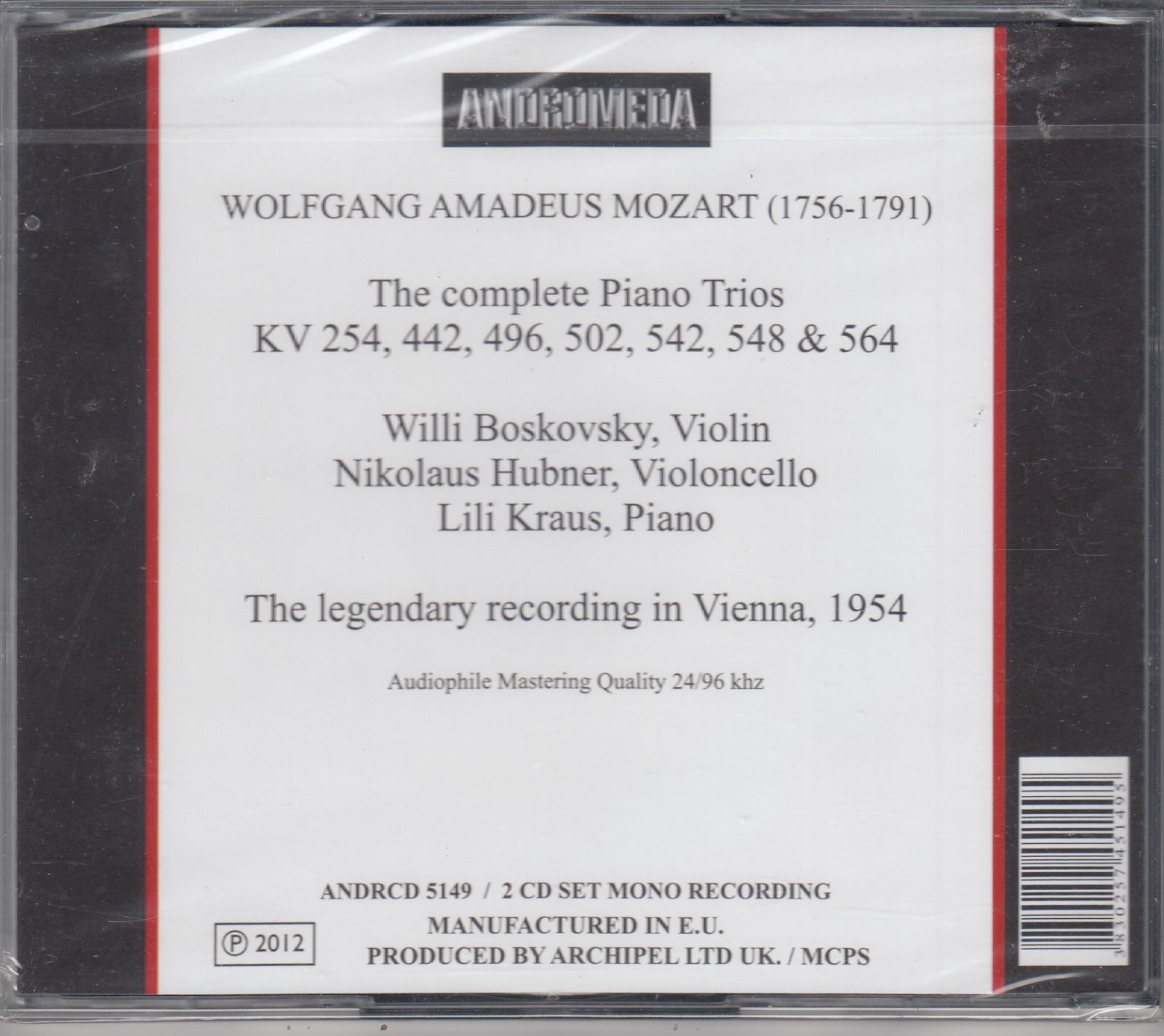 2CD/Andromeda]モーツァルト:ピアノ三重奏曲全集(第1-7番)/リリー・クラウス(p)u0026ヴィリー・ボスコフスキー(vn)u0026ニコラウス・ ヒューブナー(vc) 1954 - メルカリ