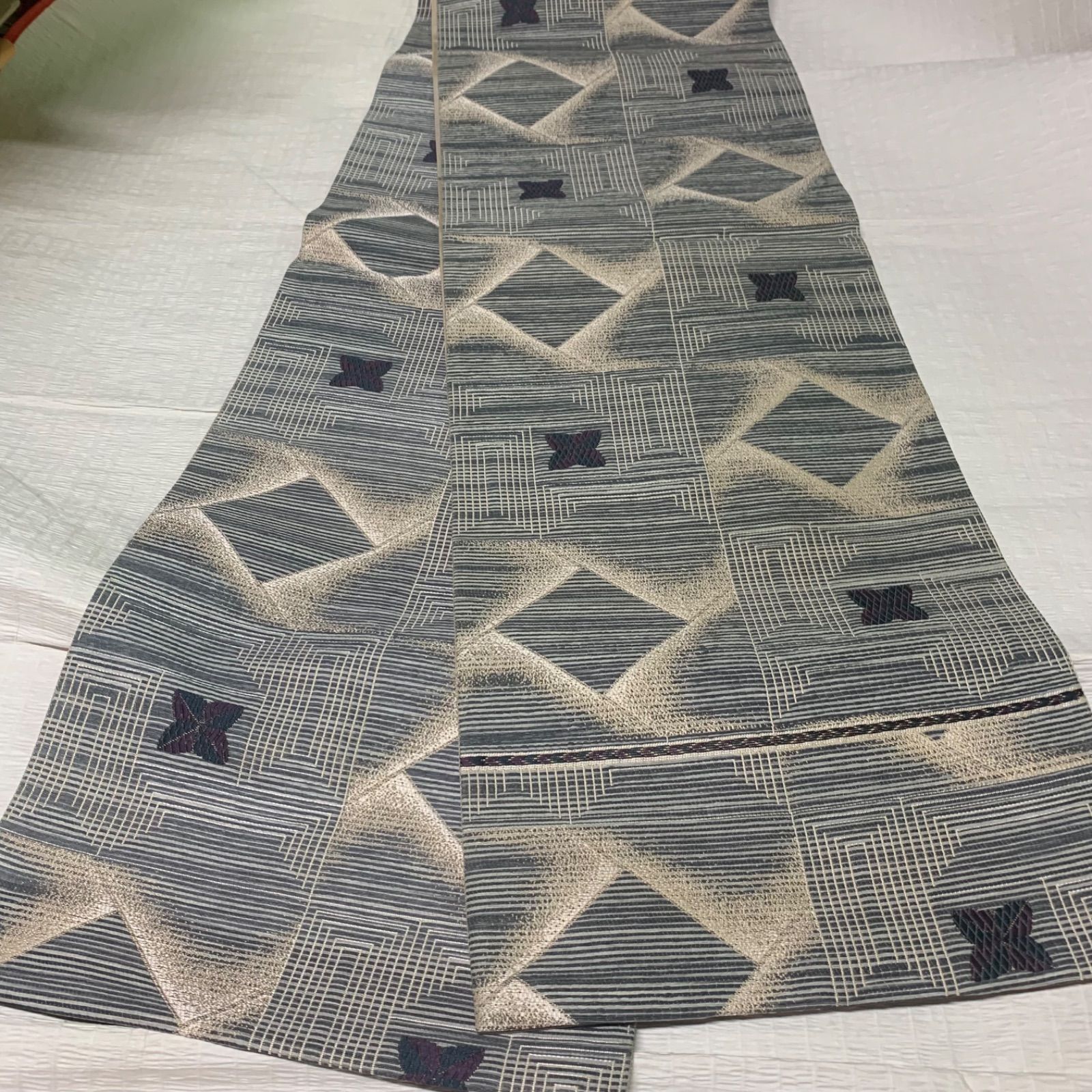 未使用品 帯匠誉田屋謹製 紙布 幾何学に花模様織り出し全通袋帯 誉田屋  