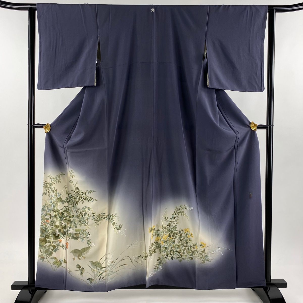 色留袖 身丈159cm 裄丈62cm S 袷 葉柄 鳥 刺繍 銀糸 青灰色 正絹 秀品 一つ紋