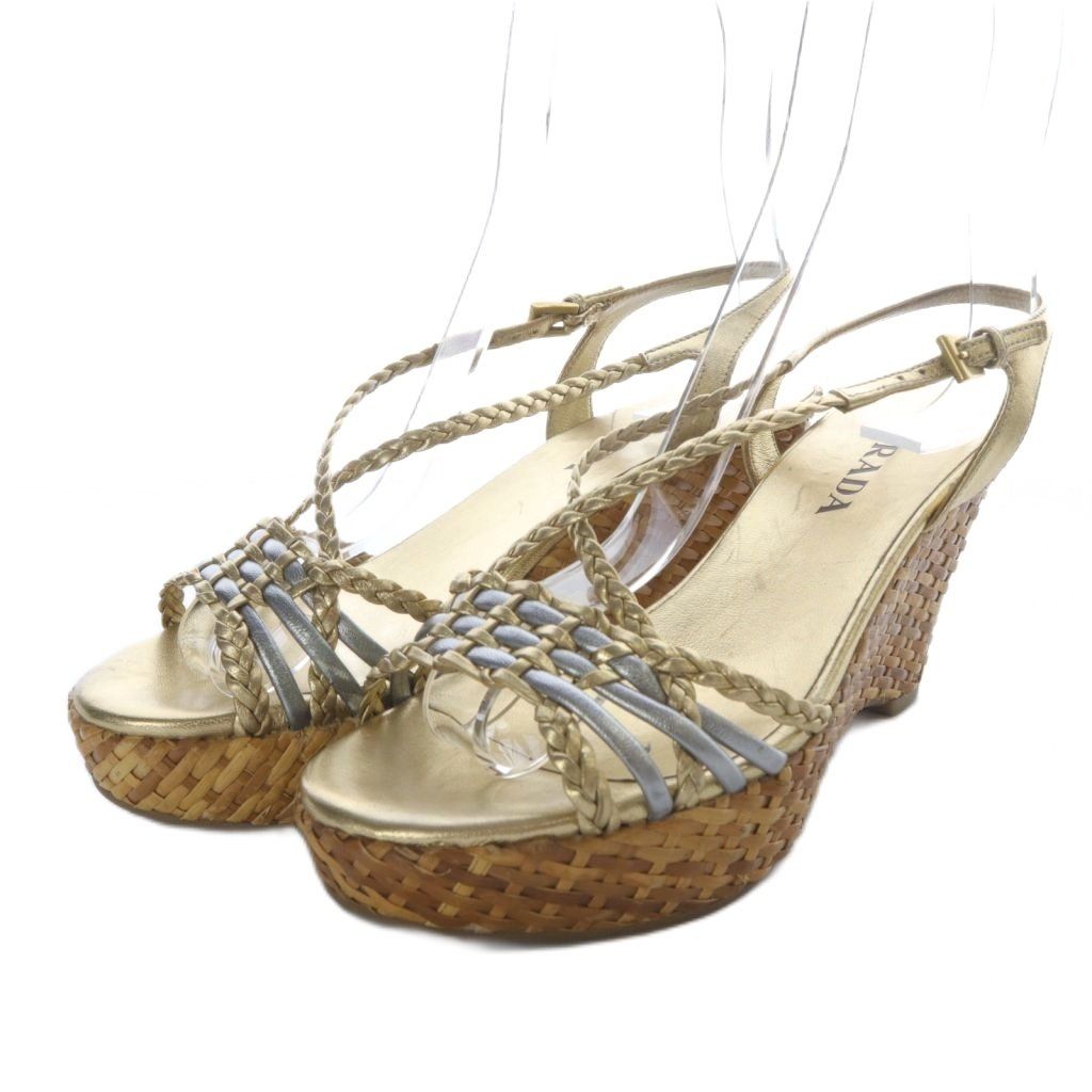 プラダ PRADA サンダル ウエッジソール 編み込み クロスストラップ レザー 35 ゴールド色 YO1
