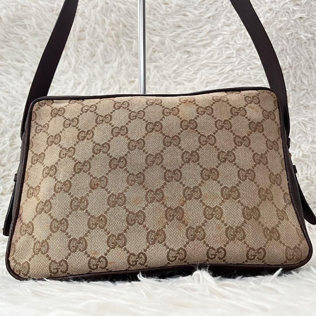 GUCCI オールドグッチ ショルダーバッグ カメラバッグ シェリーライン GGキャンバス レザー 金具 ベージュ ブラウン 斜め掛け 通勤通学 -  メルカリ