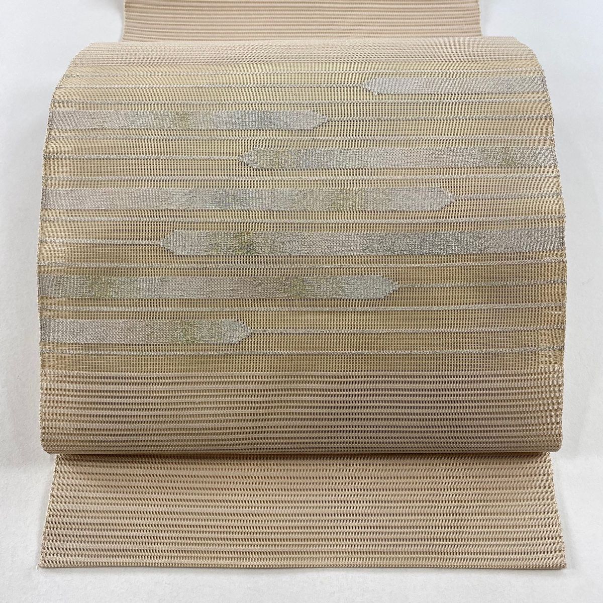 名古屋帯 秀品 夏帯 絽 八寸名古屋帯 松葉仕立て 縞 箔 金糸 ベージュ