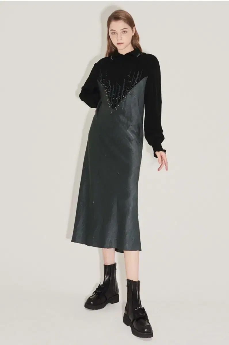 ランバン 新 サテン ブロック スタッズ ドレス KG 82