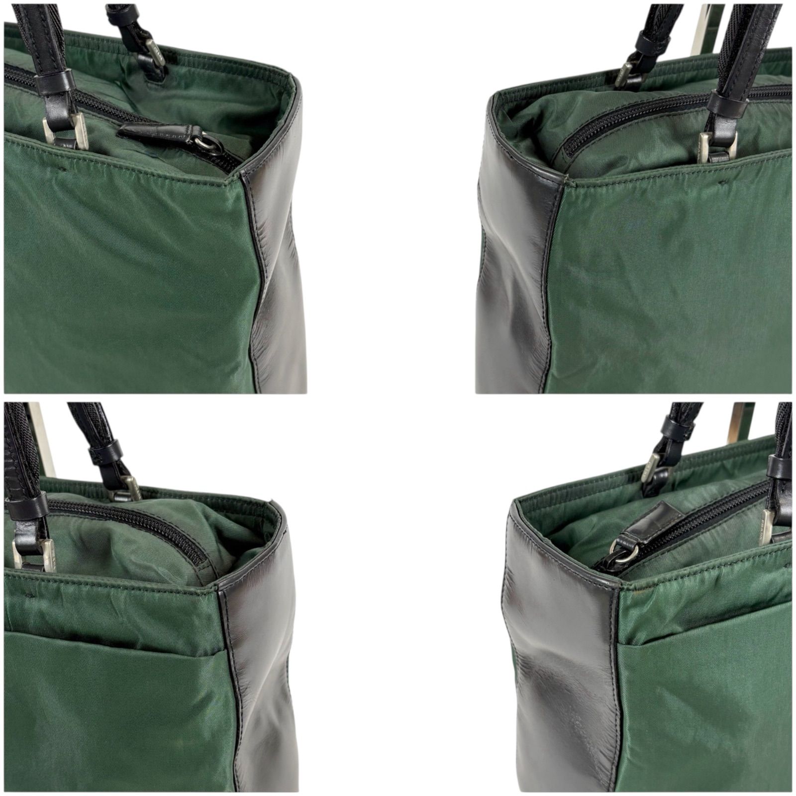 Prada Triangle Logo Mini Tote Bag Khaki Green Leather Nylon