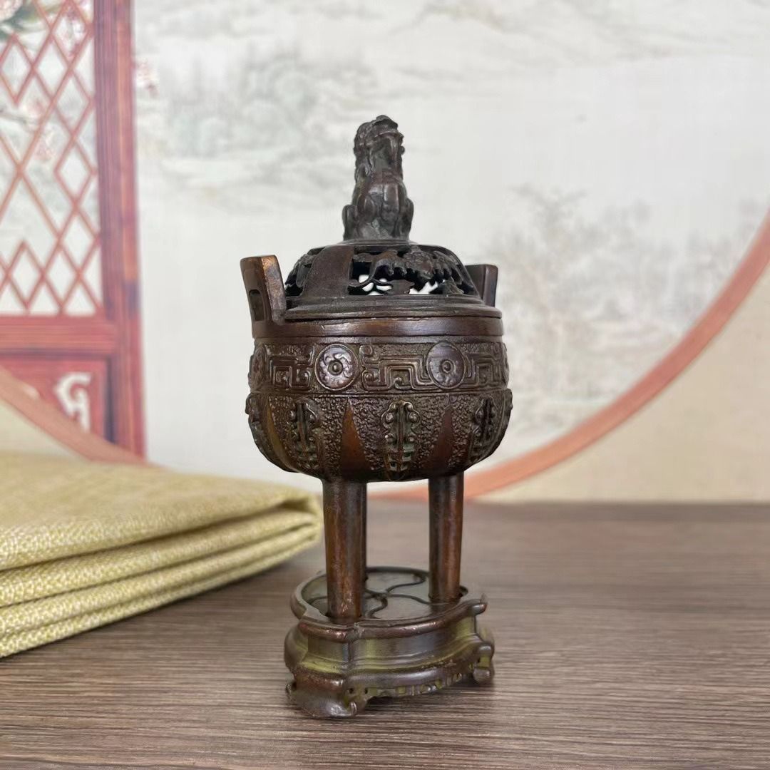 香炉 銅製 獅耳圧経銅炉 仏堂香炉 香道具 工芸品 置物 獅子 香炉 工芸品（蓮華獅子香炉 茶道具 香道具 工芸品 美術品