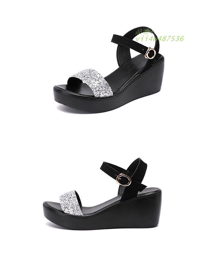 ウェッジソール サンダル キラキラ 厚底 ウエッジソール 厚底サンダル 美脚 ストライプサンダル ヒールサンダル かかとあり レディース アンクルストラップ KIN-KAAI_COM