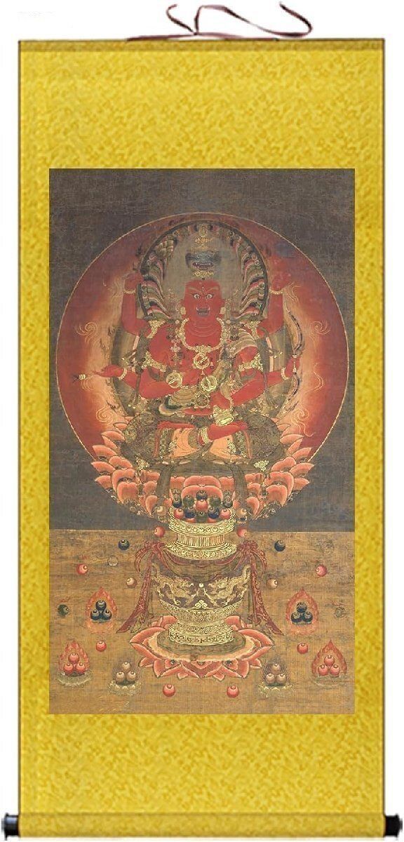 愛染明王図 木版画に彩色 掛け軸 箱無し 仏画 仏教美術 書画