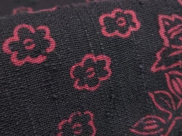 平和屋本店□極上 浦野理一 経節紬 型染 九寸名古屋帯 草花文 烏羽色地