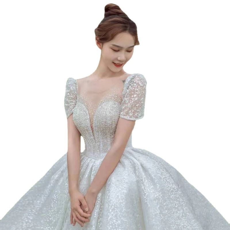 エレガント✭ウェディングドレス★美しいデザインで魅了★結婚式に最適 豪華！ウエディングドレス 3D立体レース刺繍 ホワイト 短