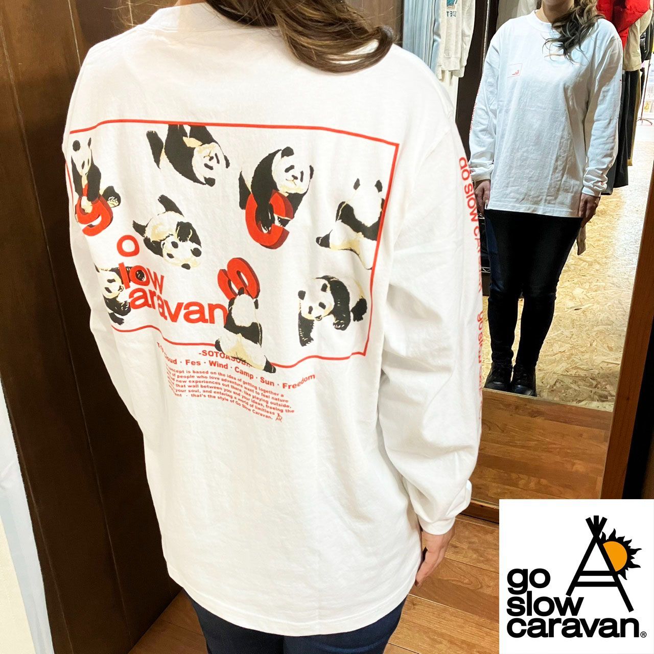 go slow caravan パンダ USA/C スクエア LOGO バック プリント ロングスリーブ TEE  メンズ ユニセックス 長袖 カットソー ロゴ 白 ロン T シャツ