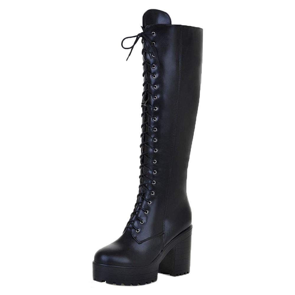 Size 24.0 cm_Color ブラック AicciAizzi 靴 レディース コスプレ 編み上げブーツ 太ヒール ロングブーツ プラットフォーム 制服 38AS Black 24.0 cm