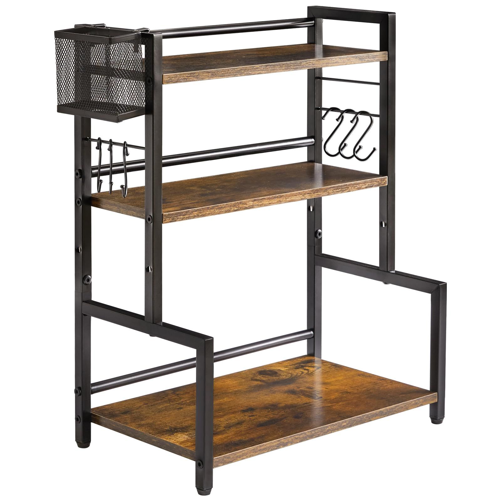 x 24 浴室43 キッチン 卓上整理 x 書棚 防水で清潔にしやすい 53 高さ調整可能 階段設計のキッチンテーブル棚 cm茶色 金属バスケットと6つのフック 3段収納ラック大容量 JPHSR006H 調味料ラック YMY