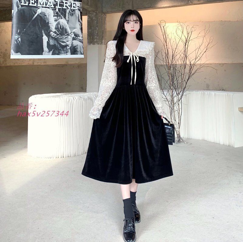 大きいサイズ M-5L ワンピース レース 大きめ襟 重ね着風 フ ー デート 202111 長袖 202112 パフスリーブ おでかけ ロング hax5v257344