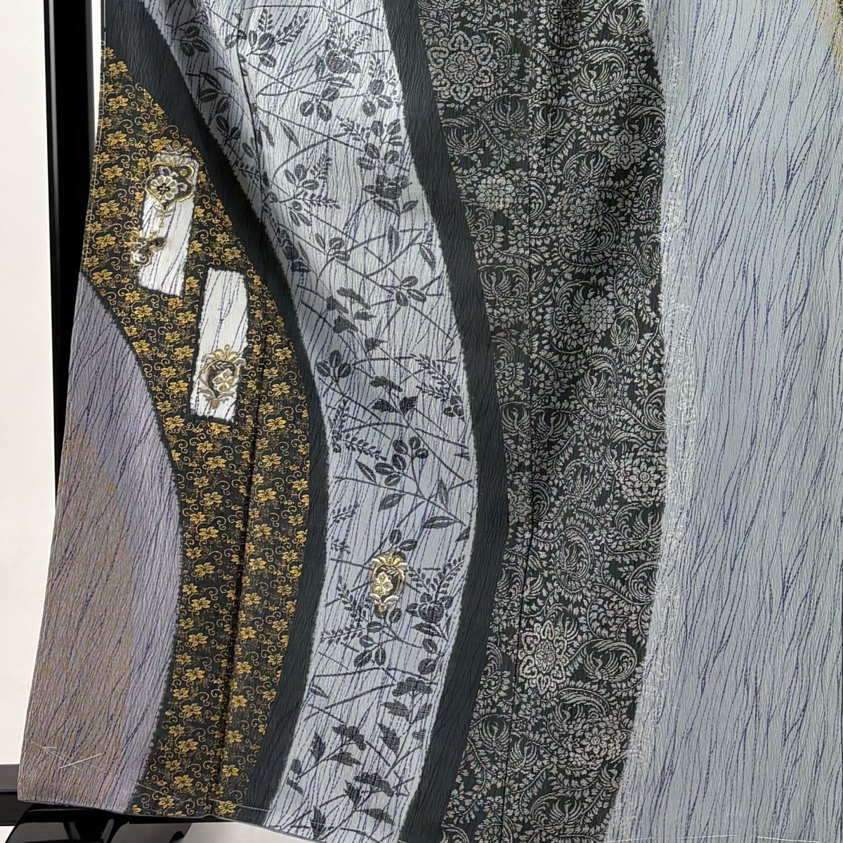 訪問着 身丈163cm 裄丈63.5cm S 袷 萩 短冊 刺繍 金銀糸 青灰色 正絹 秀品