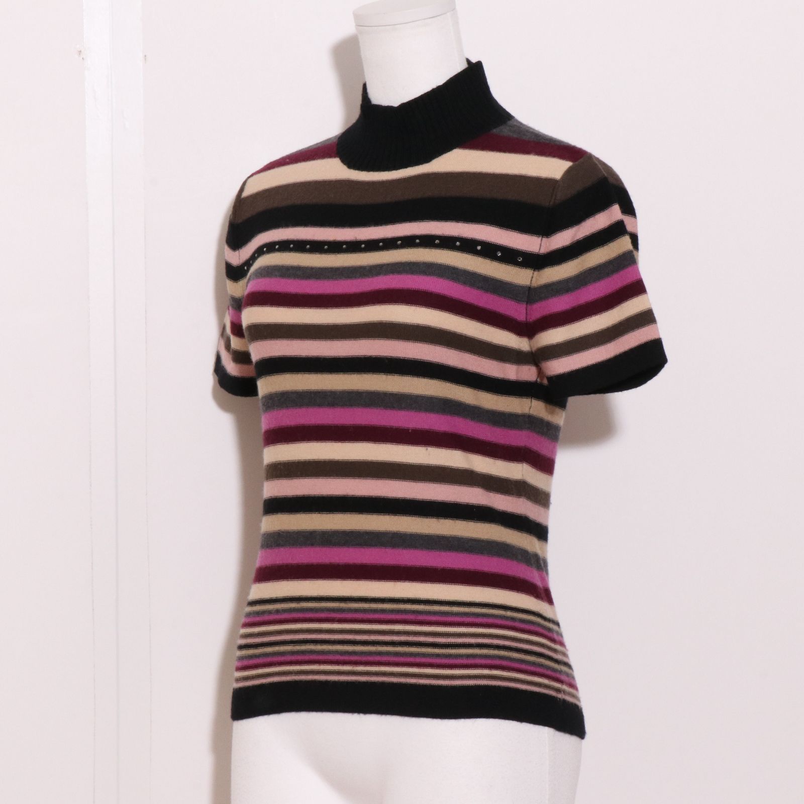 ソニアリキエル ニット 半袖 ハイネック ボーダー トップス レディース 38サイズ ブラック×ピンク系 Sonia Rykiel SONIA RYKIEL - ソニアリキエル ニット 半袖 ハイネック