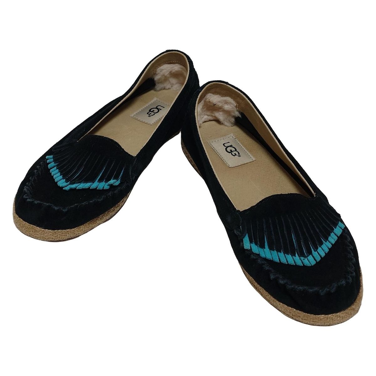 上送料無料。 UGG アグ フラットシューズ 23.5 レディース シリ SHIRI 1016662 黒×ターコイズブルー フリンジ エスパドリーユ