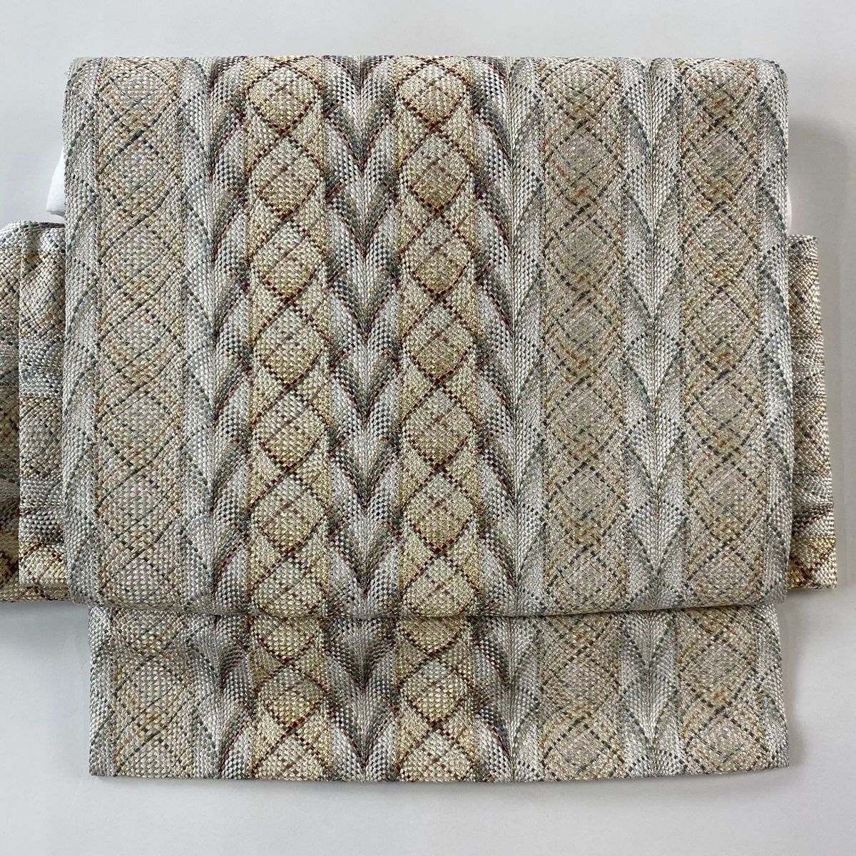 付け帯 秀品 作り帯 縞 幾何学 金糸 灰白 正絹