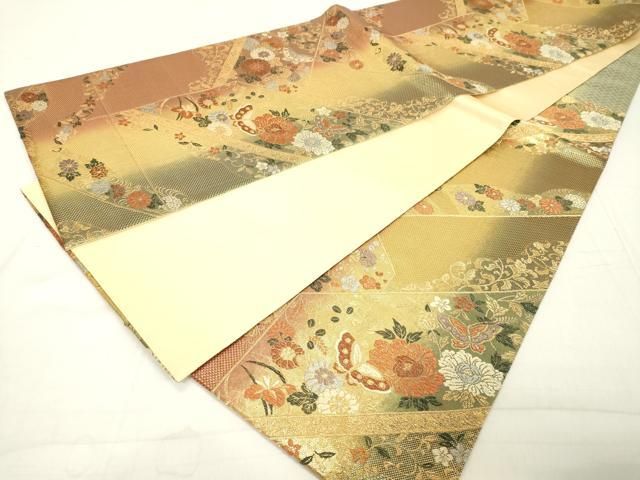 平和屋着物▽西陣 六通柄袋帯 美保姿苑 流水草花文 銀糸 証紙付き 正絹