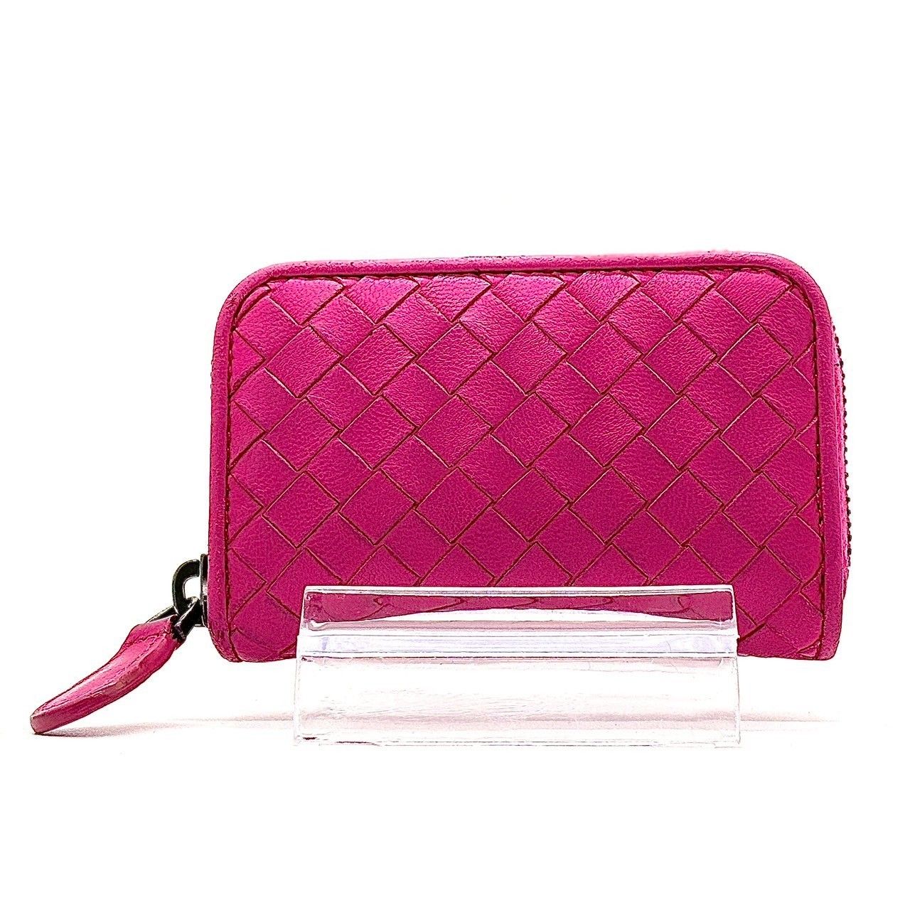 ボッテガヴェネタレザー 編み込みデザイン コインケース 赤紫色 ボッテガヴェネタレザー 編み込みデザイン コインケース 赤紫色