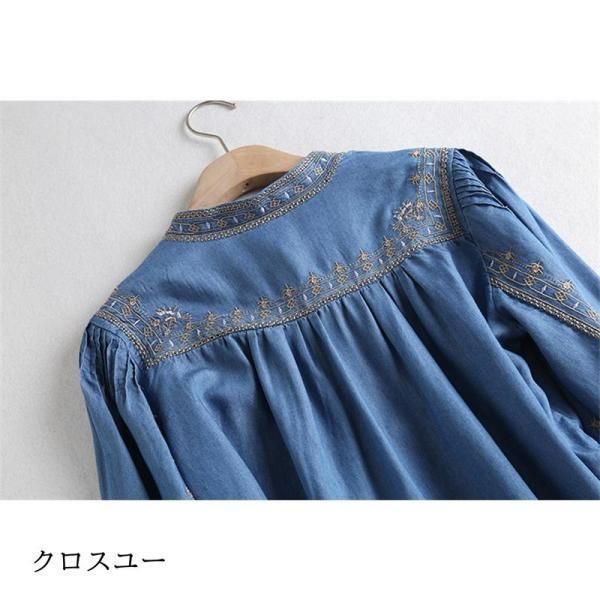 ブラウス レディース トップス チュニック 春 夏 デニム プルオーバー 花柄 刺繍 長袖 Uネック 体型カバー 大きいサイズ 薄手 40代　 ブラウス レディース トップス チュニック 春 夏 デニム プル