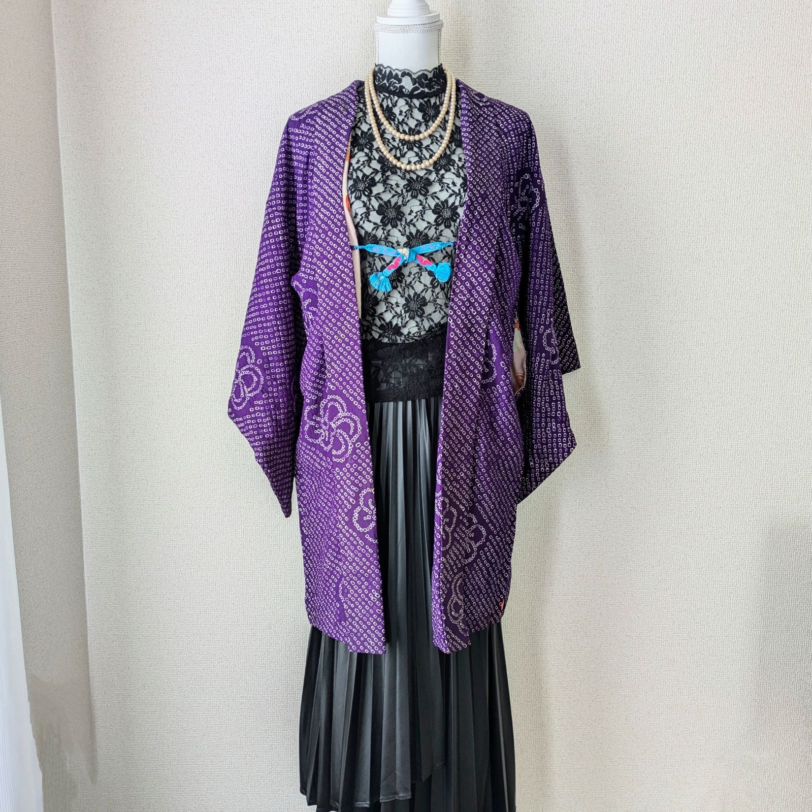 Japanese Vintage Haori Long Shibori Purple Plum Pattern Silk 