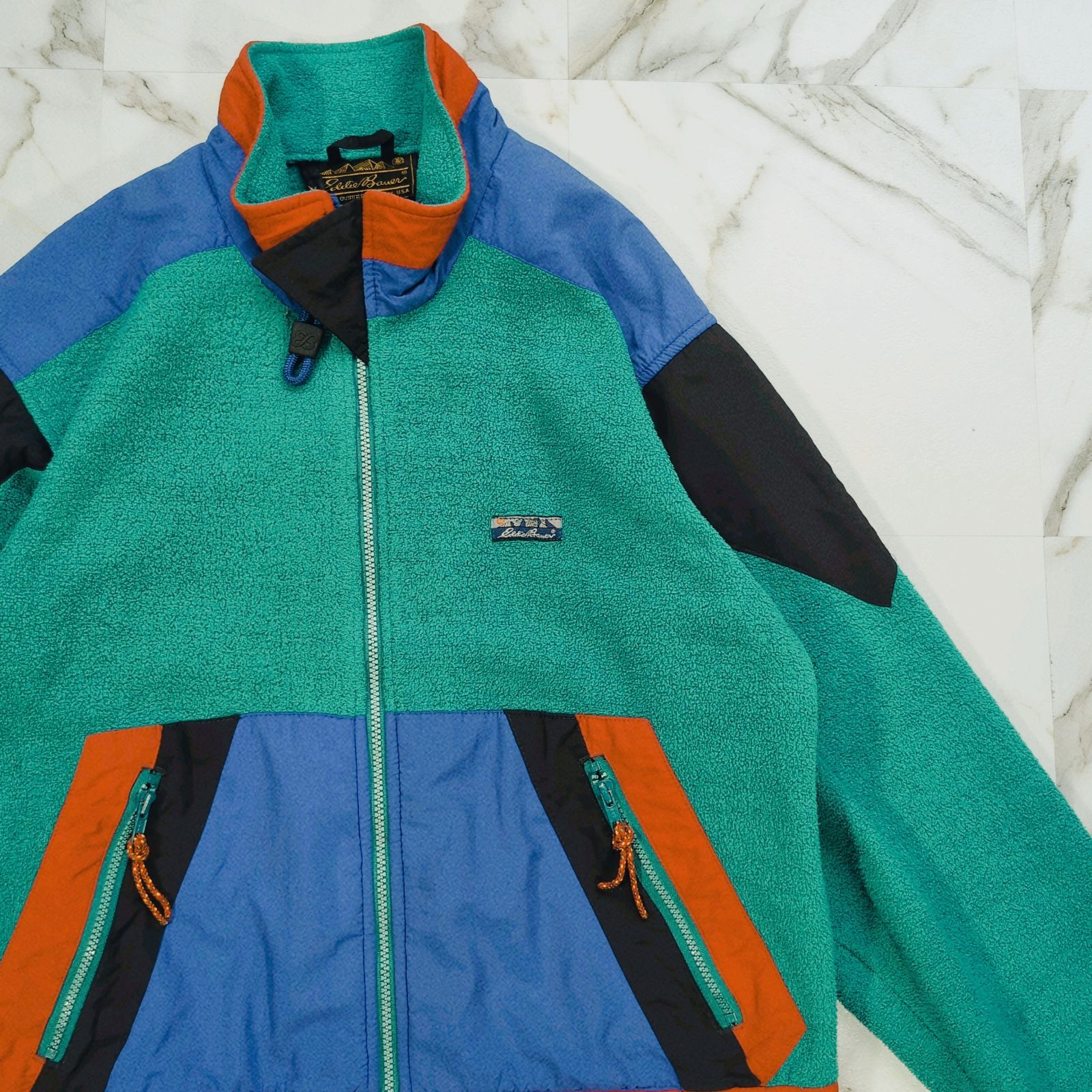 80s 黒タグ エディーバウアー マルチカラー フリースジャケット M クレイジーパターン カラフル アウトドア キャンプ